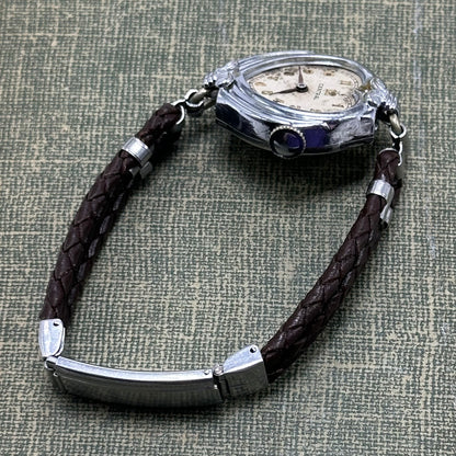 Vintage 1930's Silver Wind-Up Heart Watch with Brown Braided Leather Band