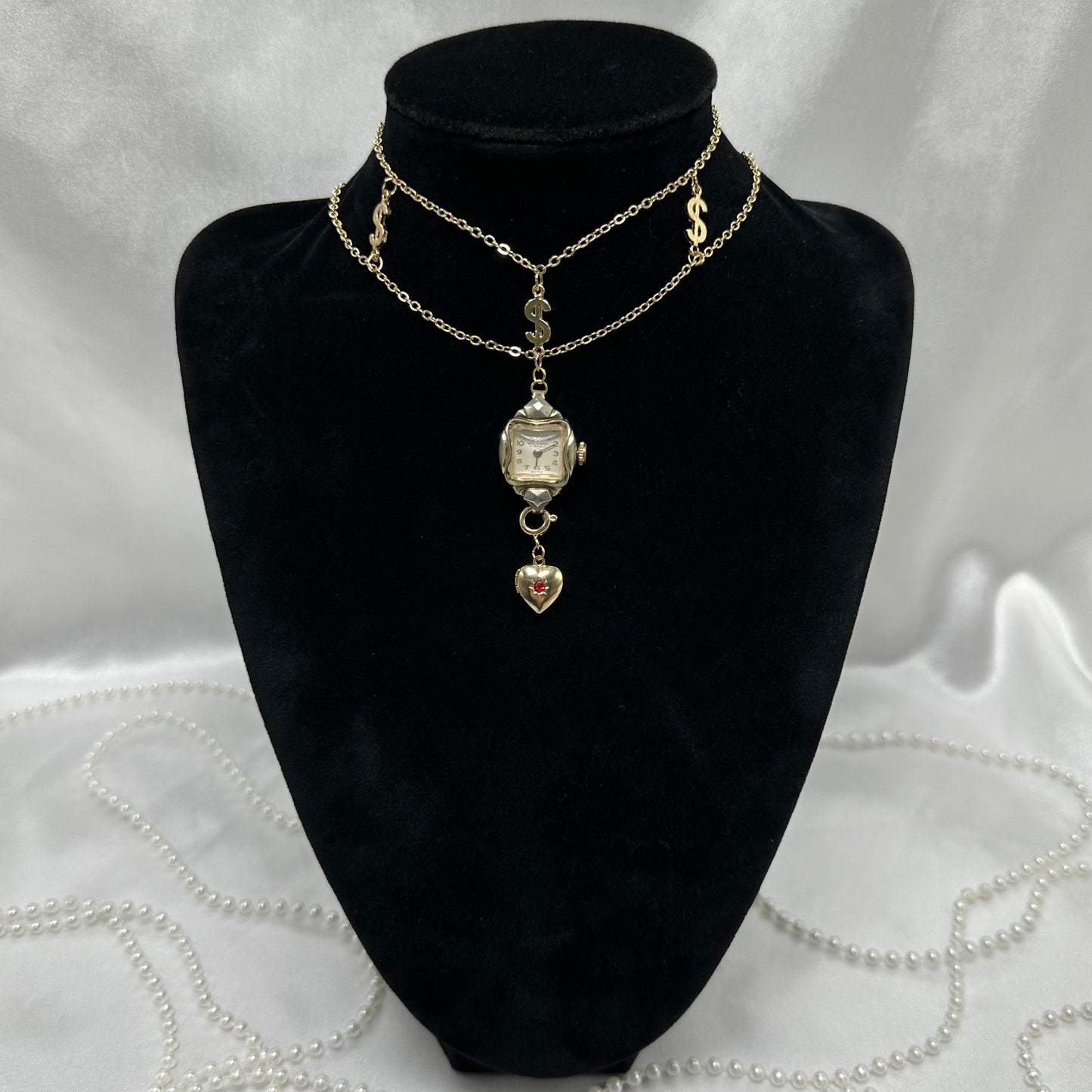 Gold Choker with Vintage Watch Pendant and Removeable Heart Locket
