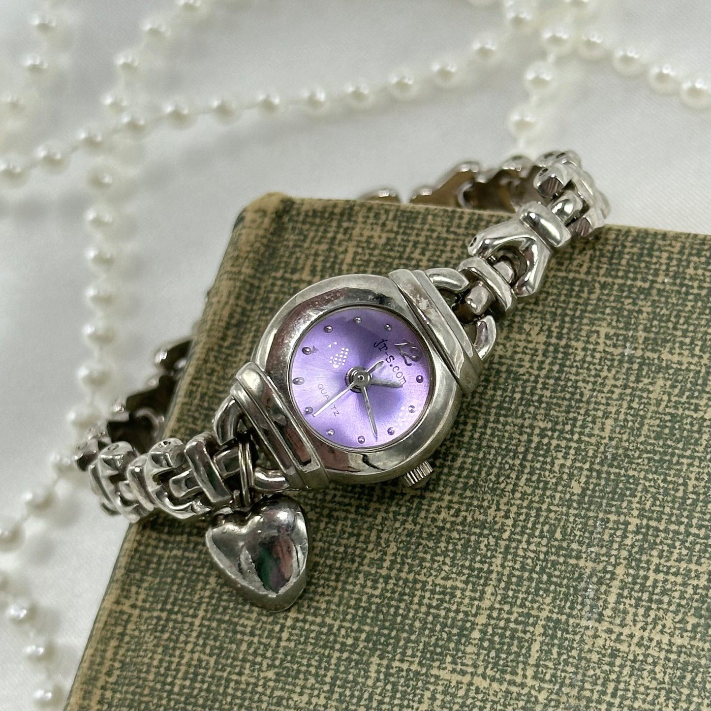 Silver Round Dial Watch with Purple Dial and Heart Charm