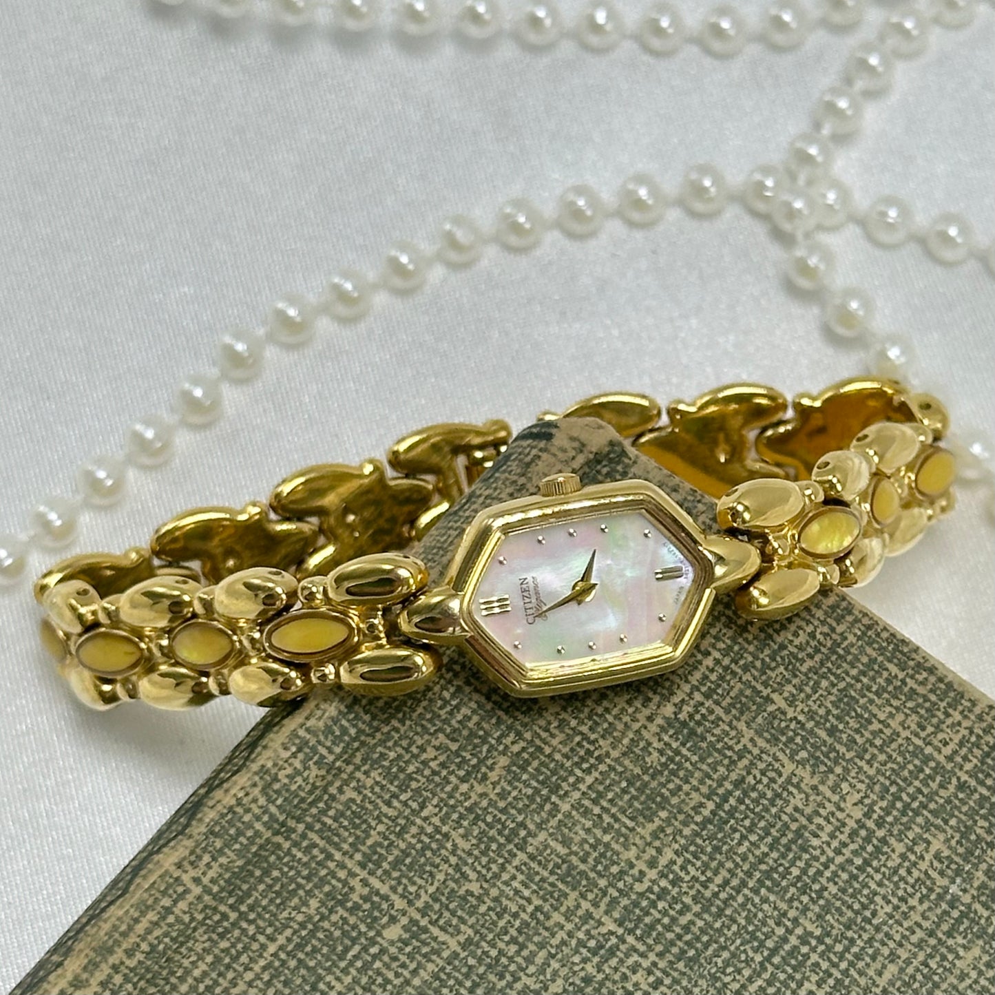 Dainty Yellow Iridescent Gemstone Citizen Watch with Mother of Pearl Dial