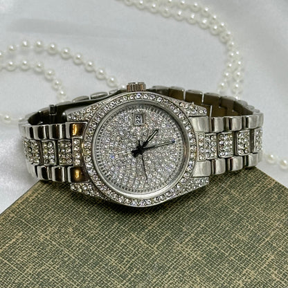 Silver Iced Out Geneva Watch