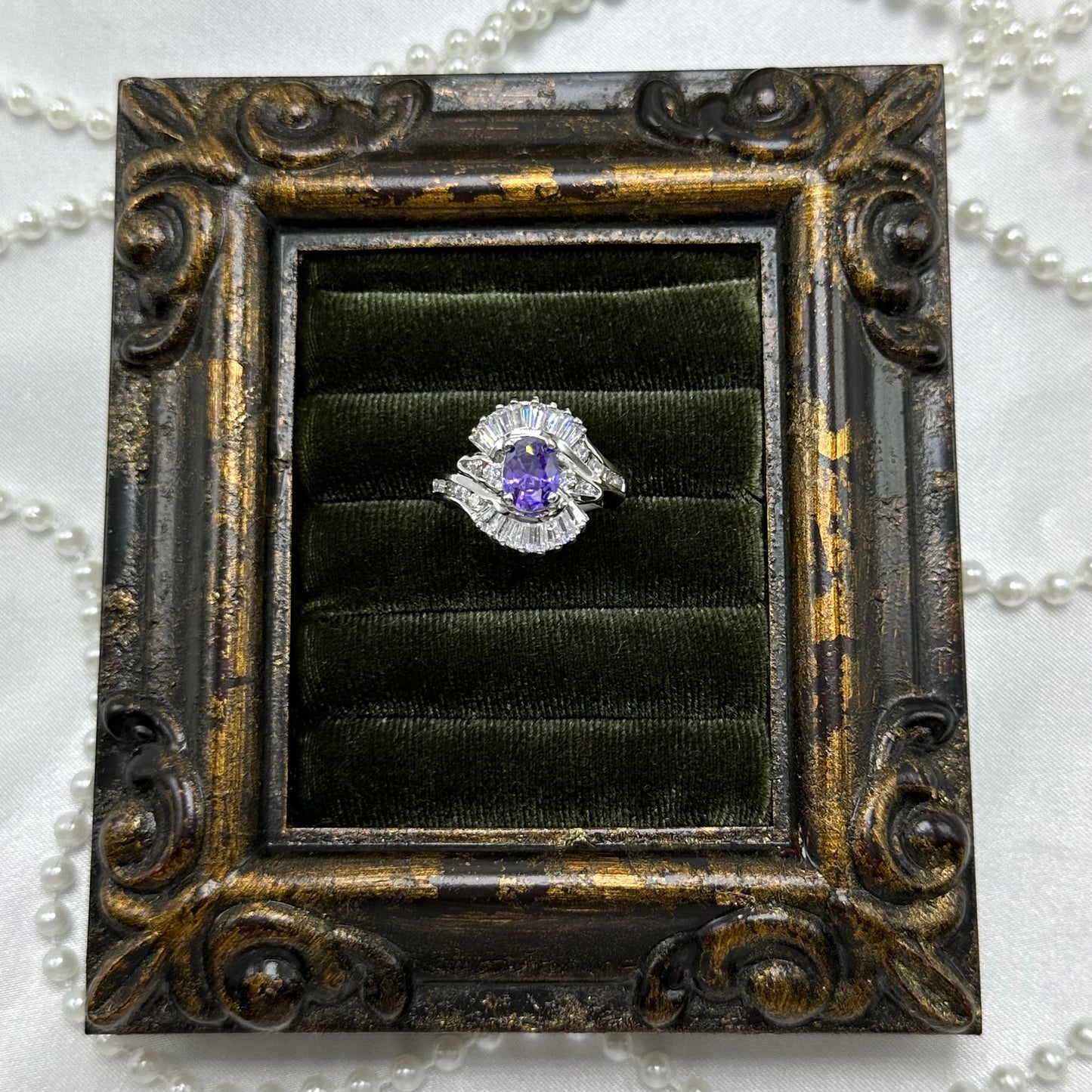 Vintage Light Purple Oval Stone Deadstock Cocktail Ring Rhodium Plated