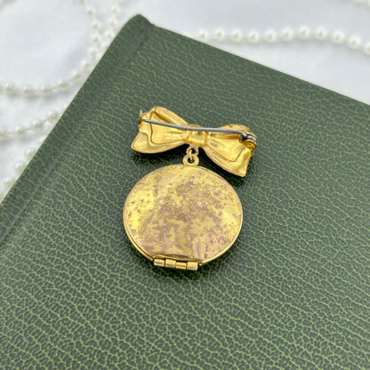 Vintage Gold Heart and Bow Round Locket Pin