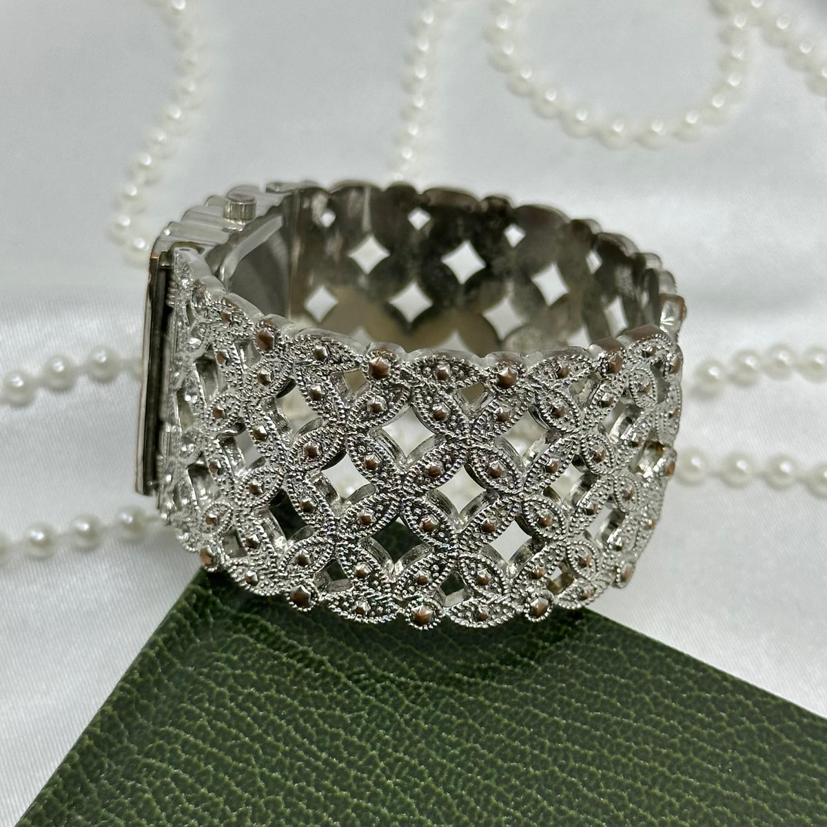 Silver Cuff Watch with Black Square Dial