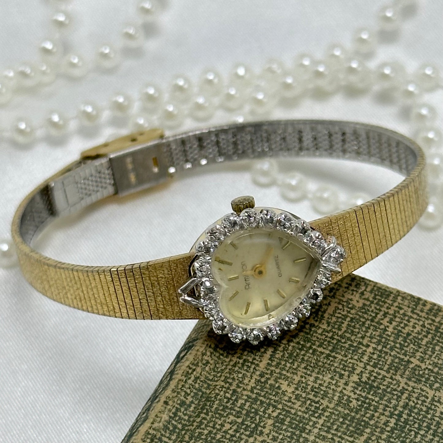 80's Gold Diamanté Heart Dial Watch