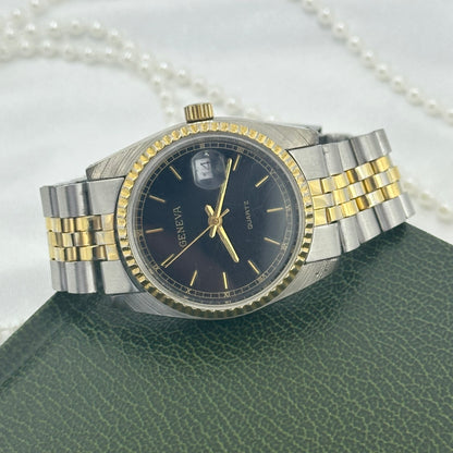 Two-Tone Geneva Tank Watch with Black Dial and Date Display