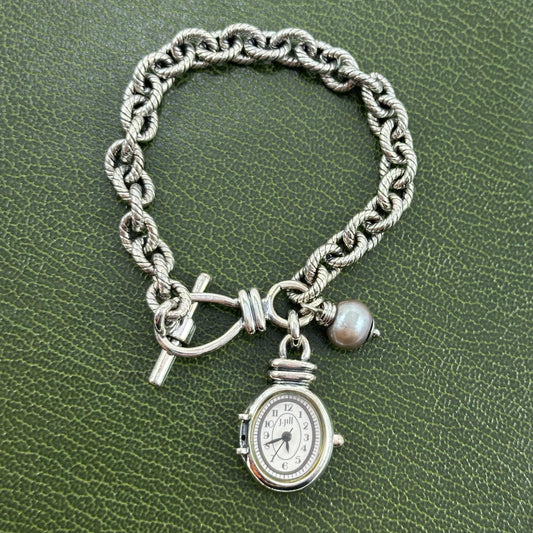 Silver tone J Jill charm bracelet watch with faux gray pearl.