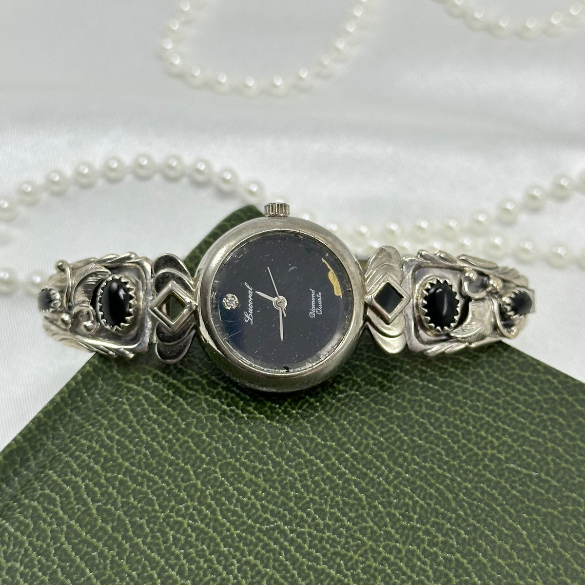 Onyx and Sterling Silver Watch with Black Dial