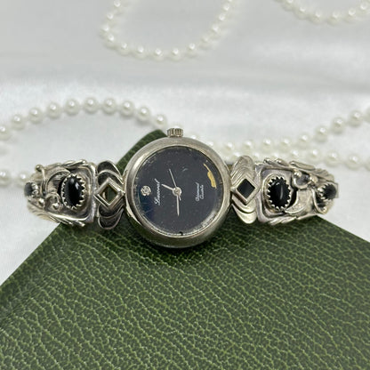 Onyx and Sterling Silver Watch with Black Dial