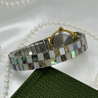 Checkered Abalone Gold Watch with Round Dial