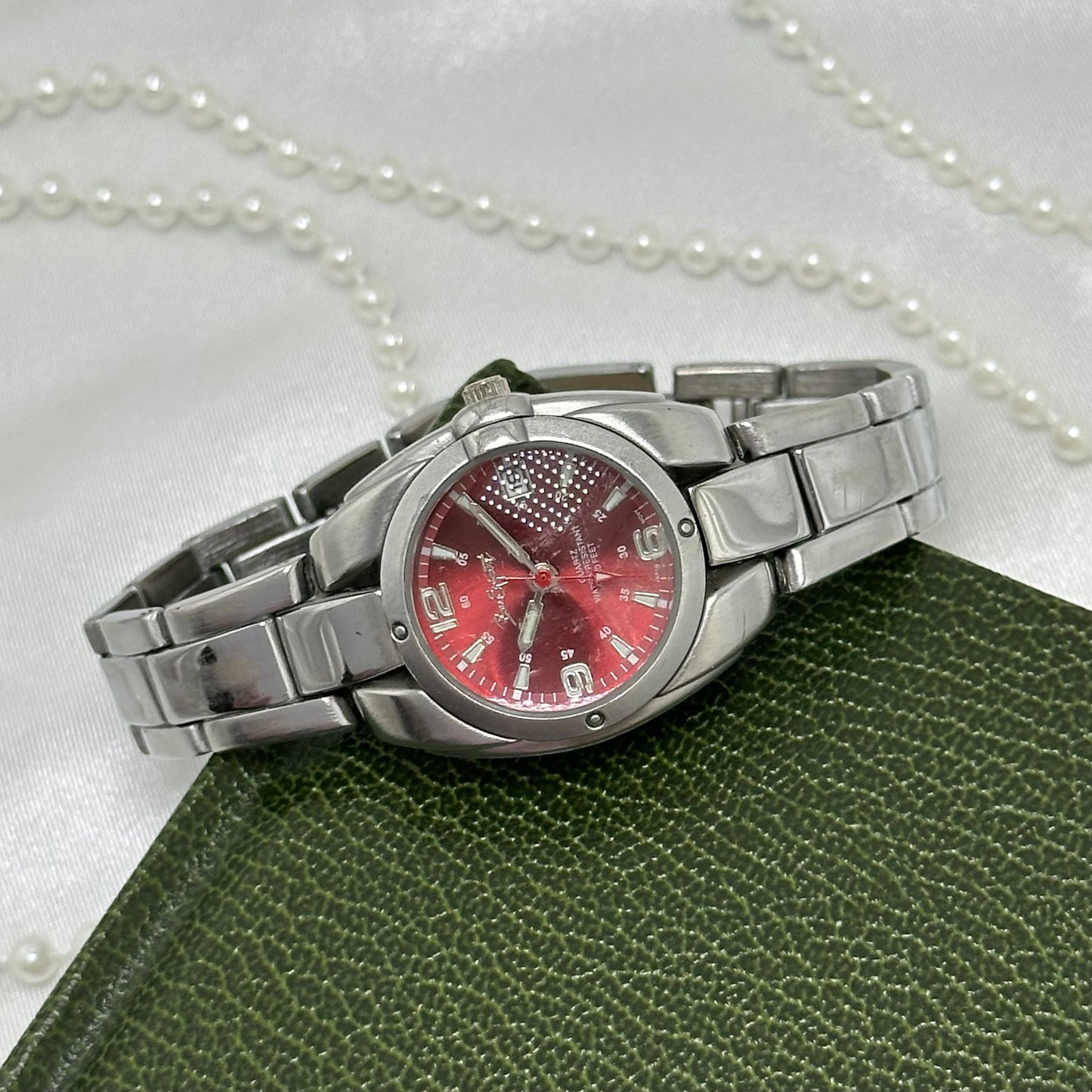 Silver Red Dial Watch with Date Display