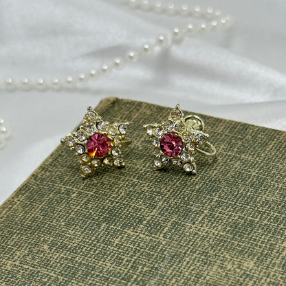 Vintage Pink Rhinestone Star Earrings - Screw Backs