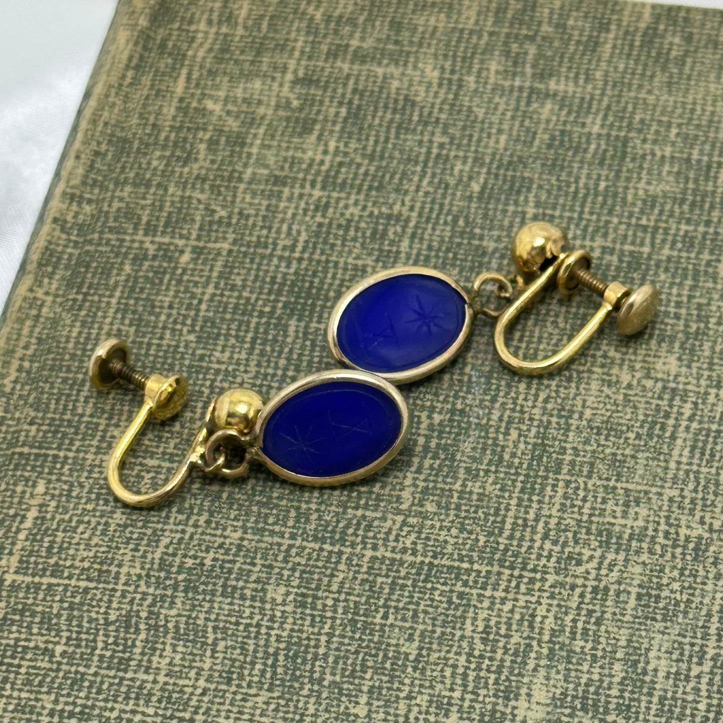 Vintage Gold Filled Blue Scarab Screw Back Dangle Earrings