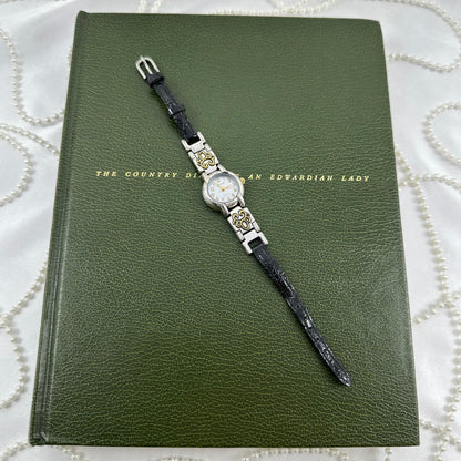 Two-Tone Round Dial Watch with Black Band