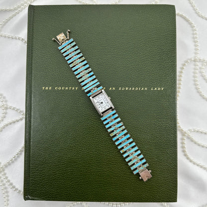 Vintage sterling silver square dial Legacy watch with turquoise stones and slide clasp. Marked "Made in Chile 925".