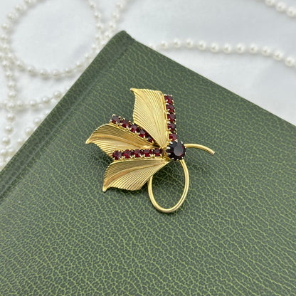 Gold Leaf Brooch with Red Stones