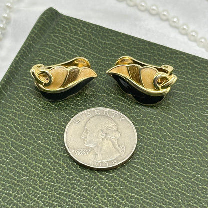 Vintage Gold and Black Enamel Leaf Clip On Earrings