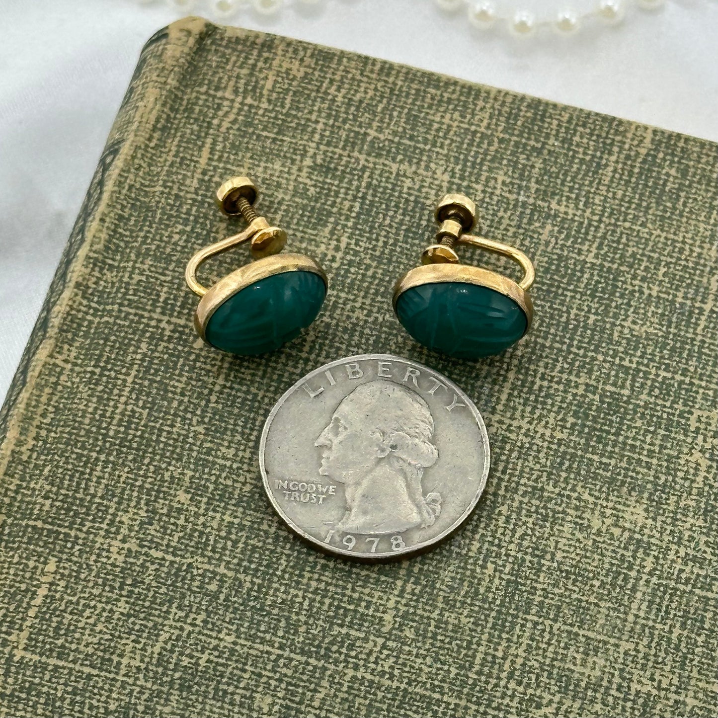 Vintage Gold Filled Green Scarab Screw Back Earrings