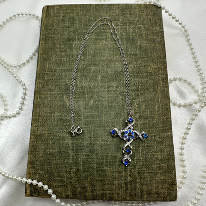 Vintage Blue Sarah Coventry Cross Necklace with Lord’s Prayer Inside