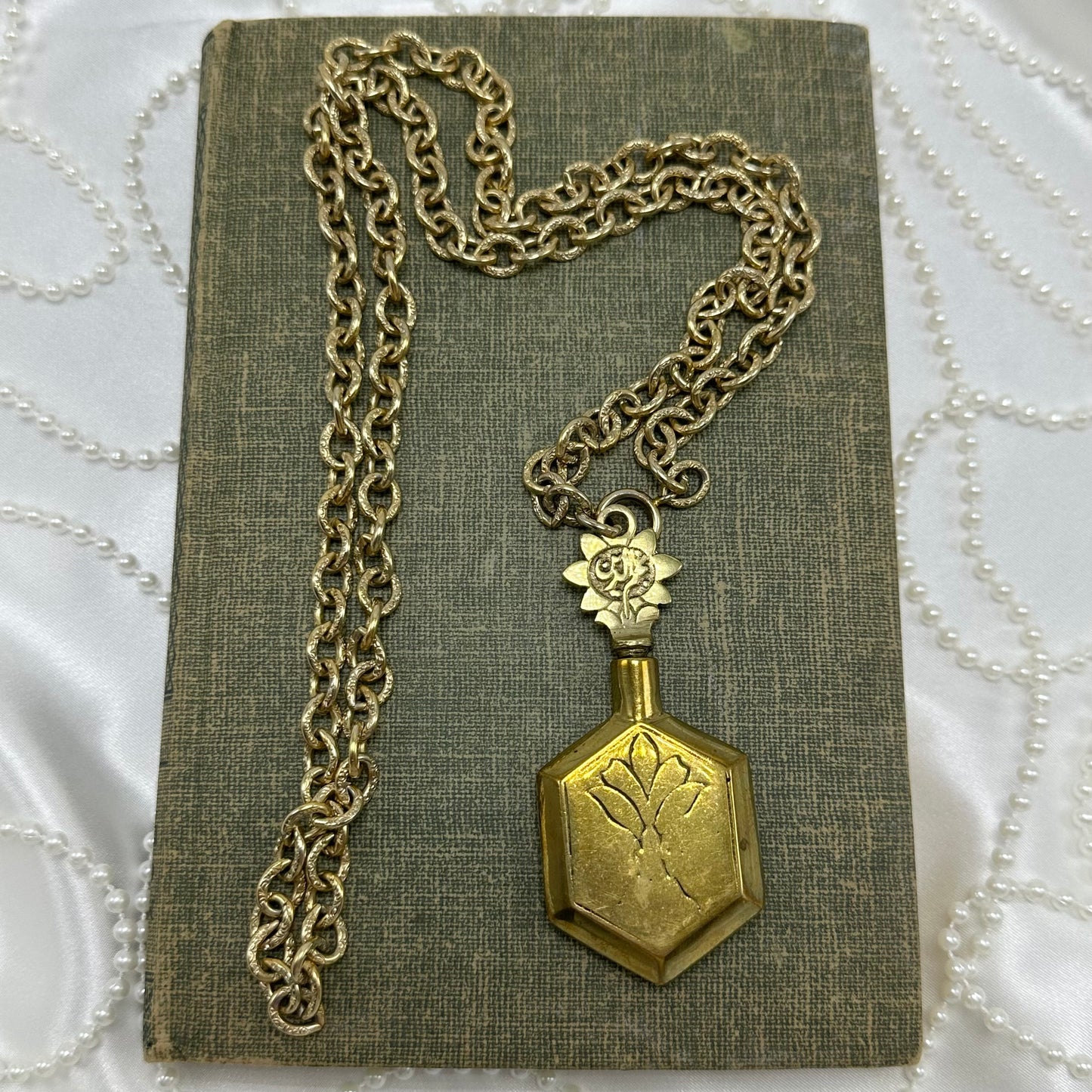 Vintage Brass Perfume Bottle Pendant On Chain Necklace