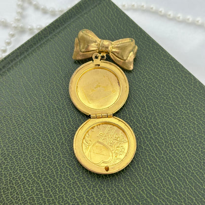 Vintage Gold Heart and Bow Round Locket Pin