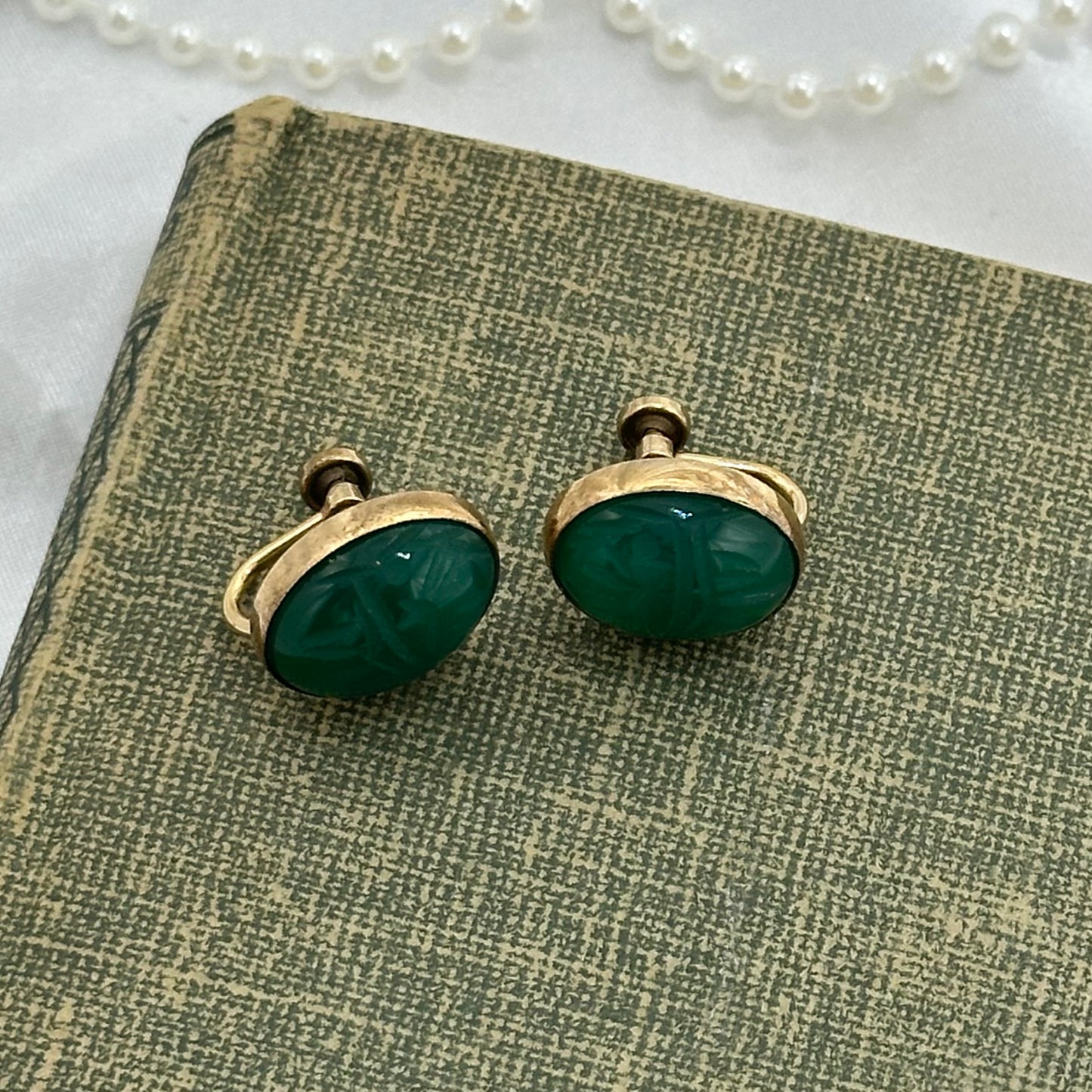 Vintage Gold Filled Green Scarab Screw Back Earrings