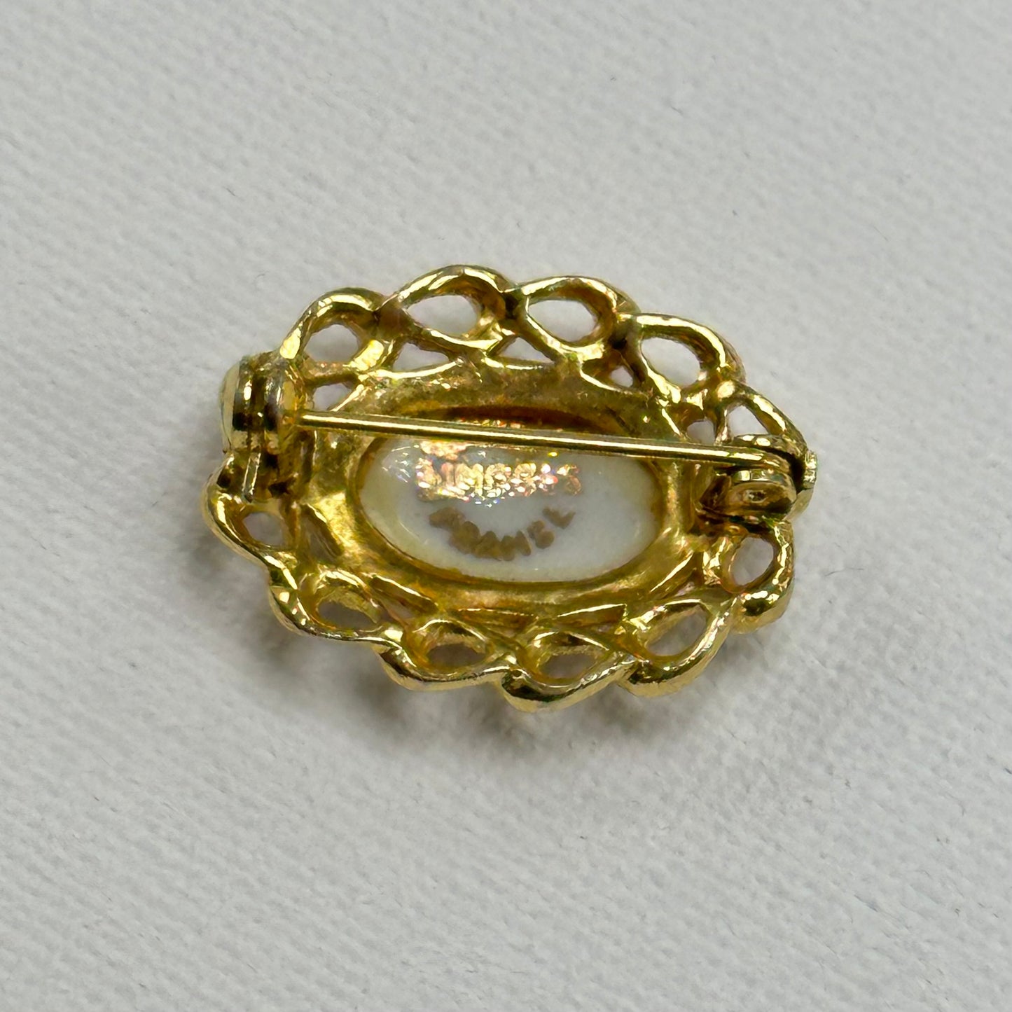 Limoges France Painted Porcelain Portrait Gold Brooch