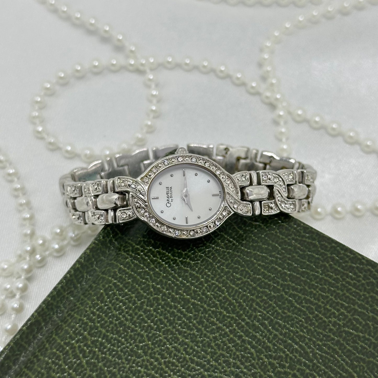 Vintage Silver Caravelle Watch with Diamanté Oval Dial and Band