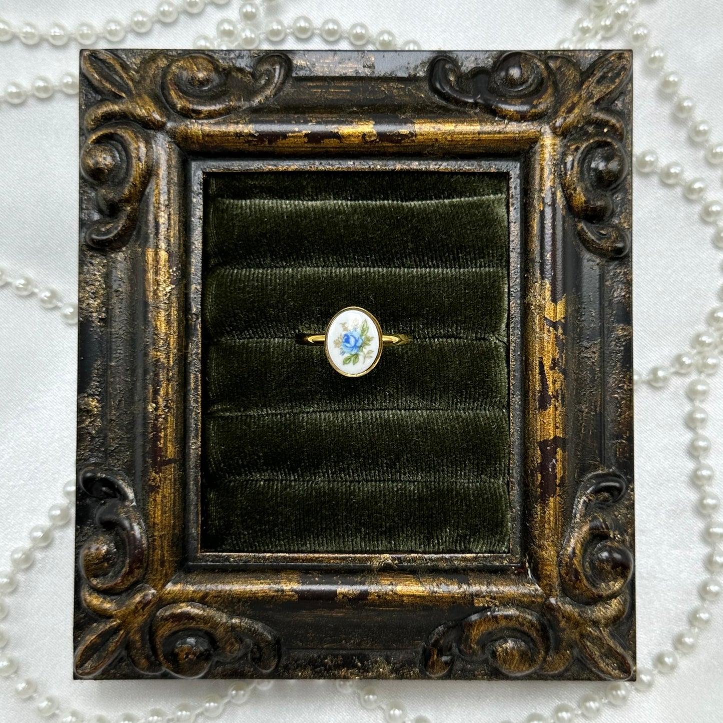 Vintage style blue rose painted white enamel oval cameo ring.