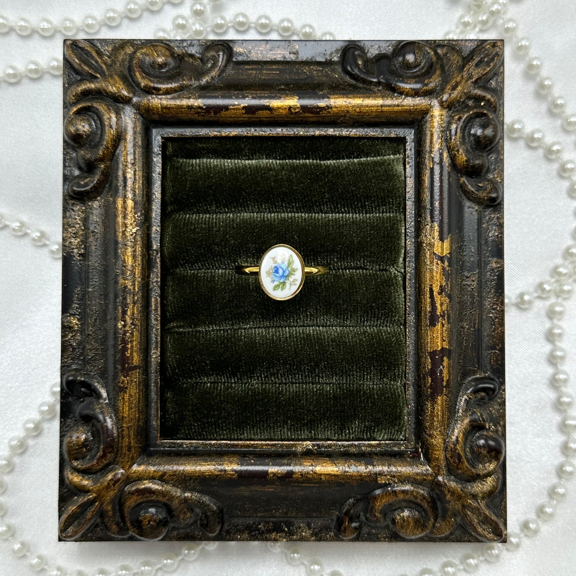 Vintage style blue rose painted white enamel oval cameo ring.