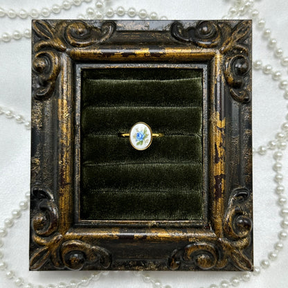 Vintage style blue rose painted white enamel oval cameo ring.