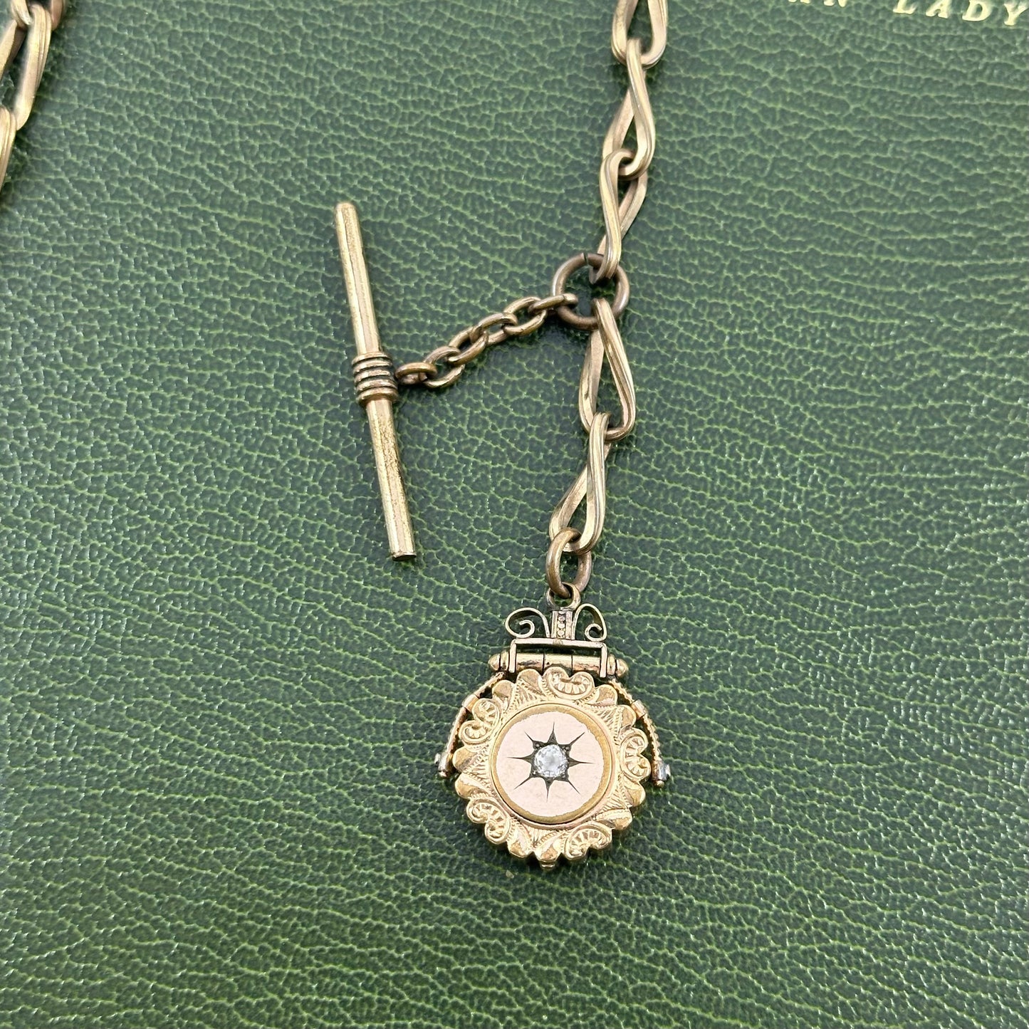 Antique Gold Filled Watch Chain with Locket and T-Bar