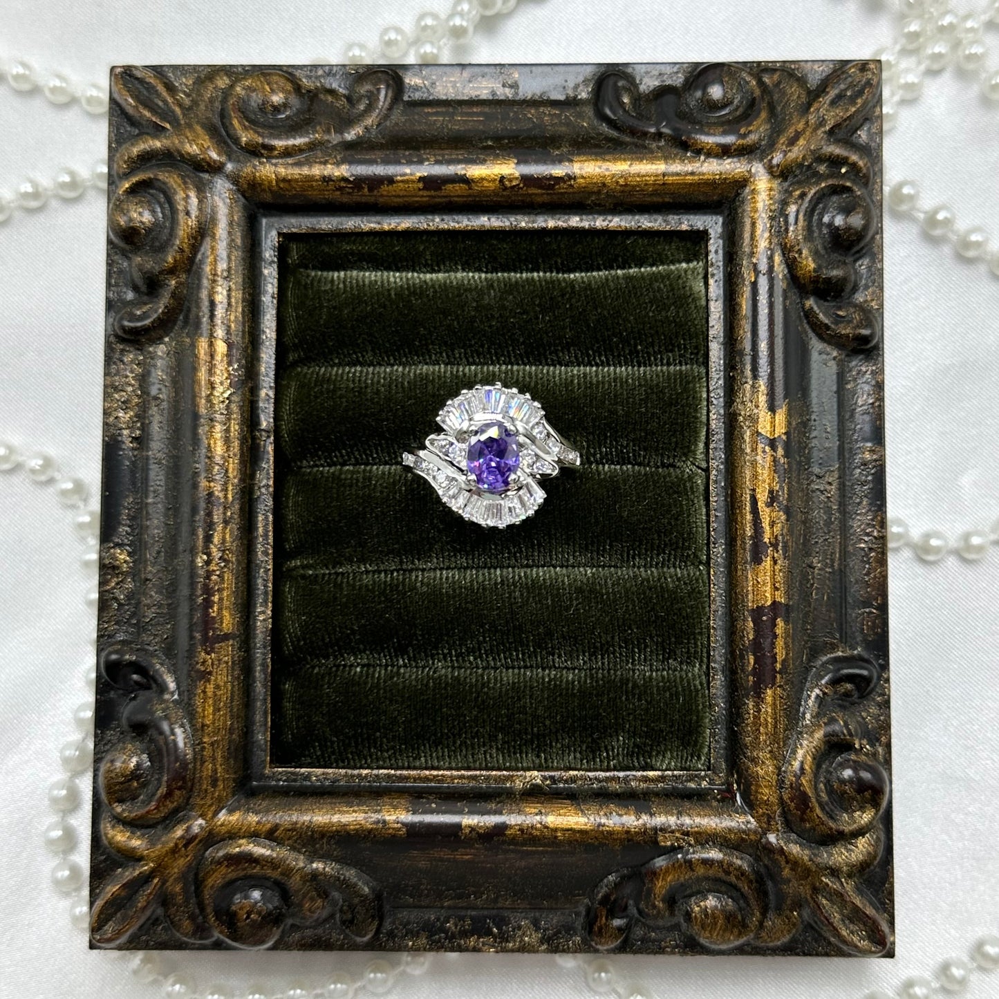 Vintage Light Purple Oval Stone Deadstock Cocktail Ring Rhodium Plated