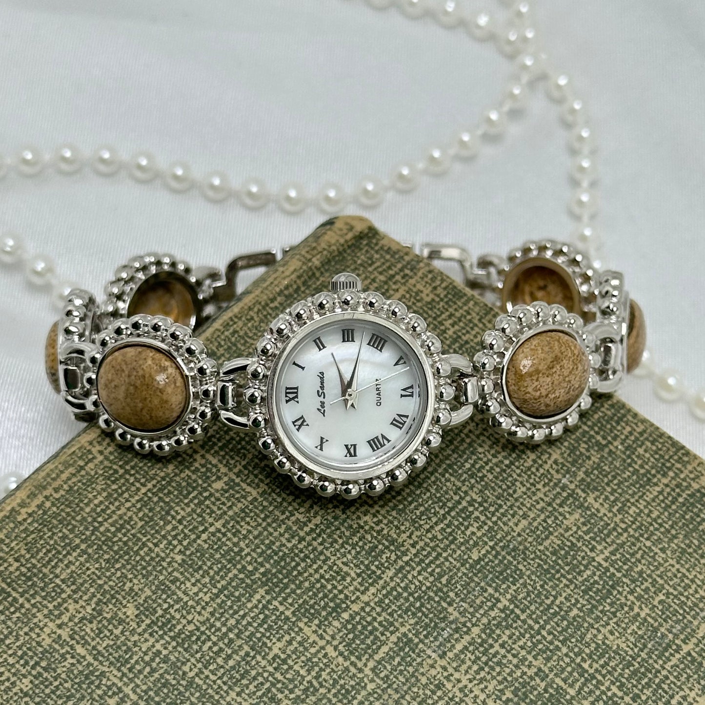 Vintage Silver Lee Sands Watch with Jasper Gemstone Band and Mother of Pearl Dial