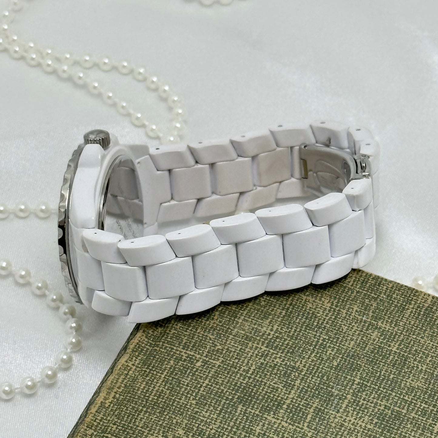 White Diamanté Dial Watch with Rose Gold Roman Numeral Markers