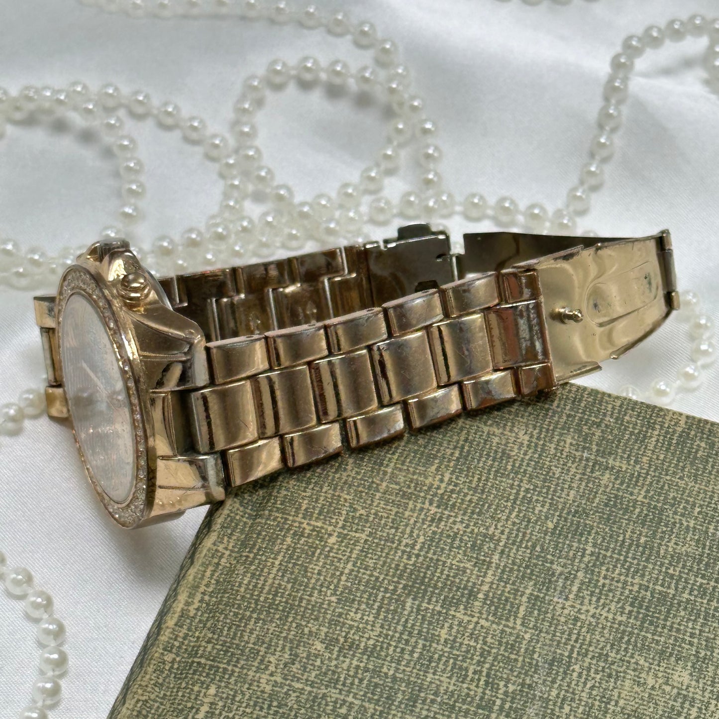 Rose Gold Diamanté Tank Watch with Glitter Dial