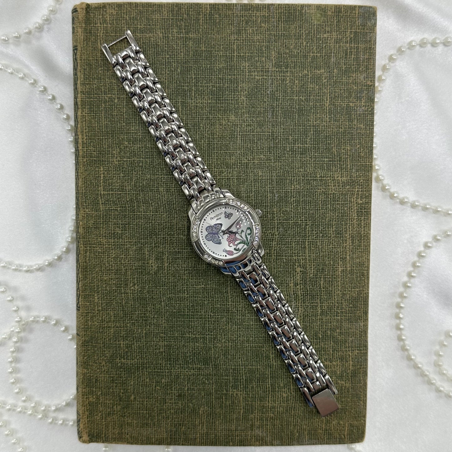 Silver Diamanté Armitron Watch with Purple Butterflies and Flower Dial