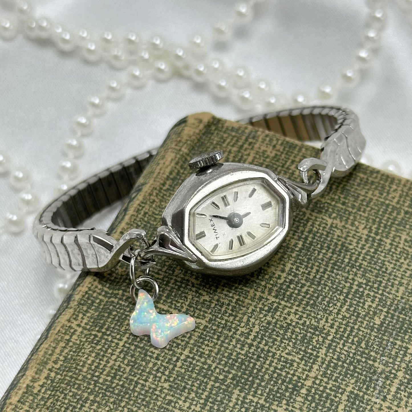 Silver Wind-Up Timex Watch with Opal Butterfly Charm