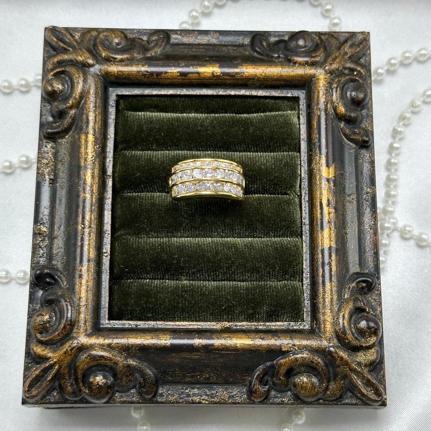 Three Row Cubic Zirconia Vintage Deadstock Ring 14k Gold Electroplated