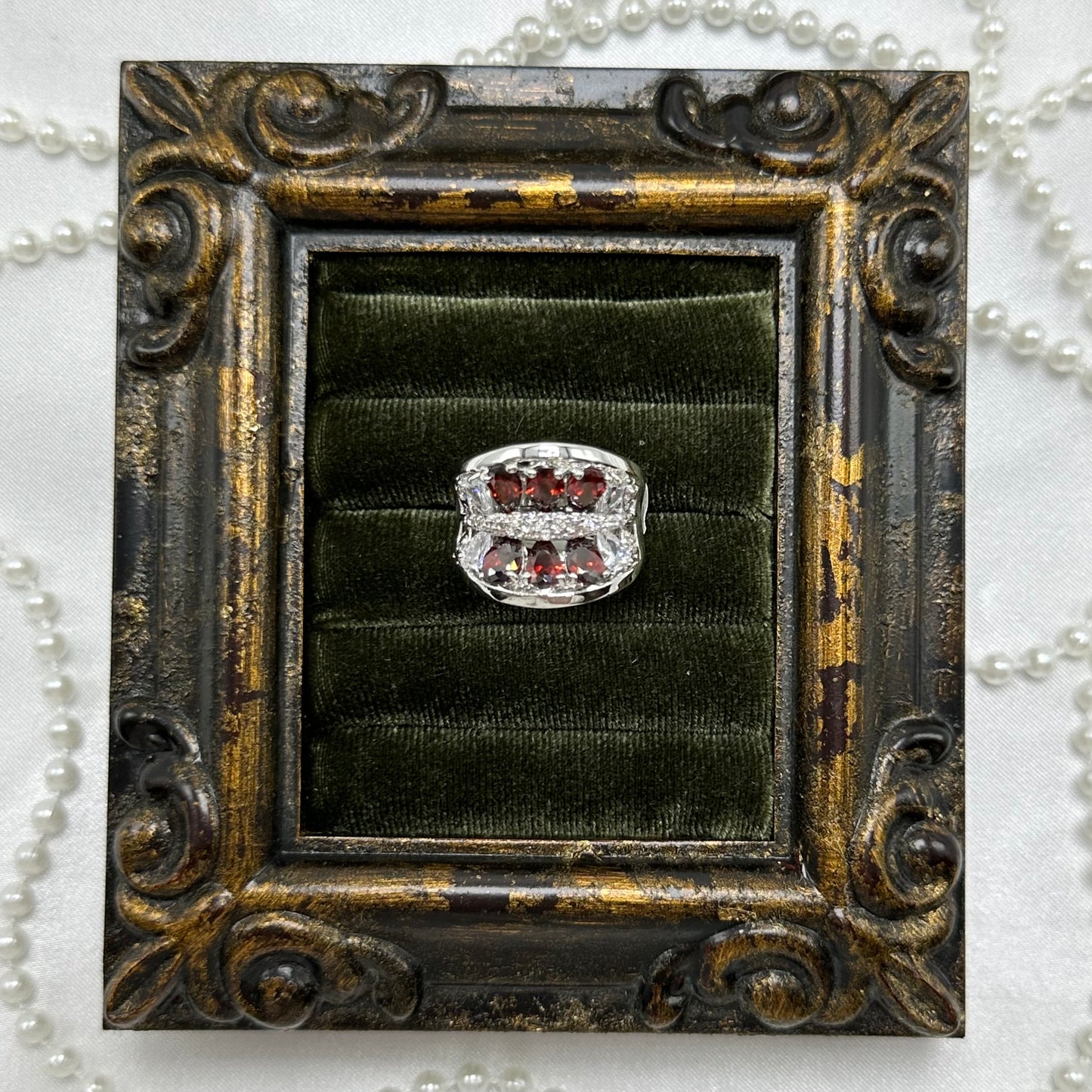 Vintage Red Stones Deadstock Cocktail Ring Rhodium Plated