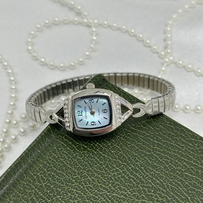 Dainty Silver Watch with Diamanté Mother of Pearl Dial