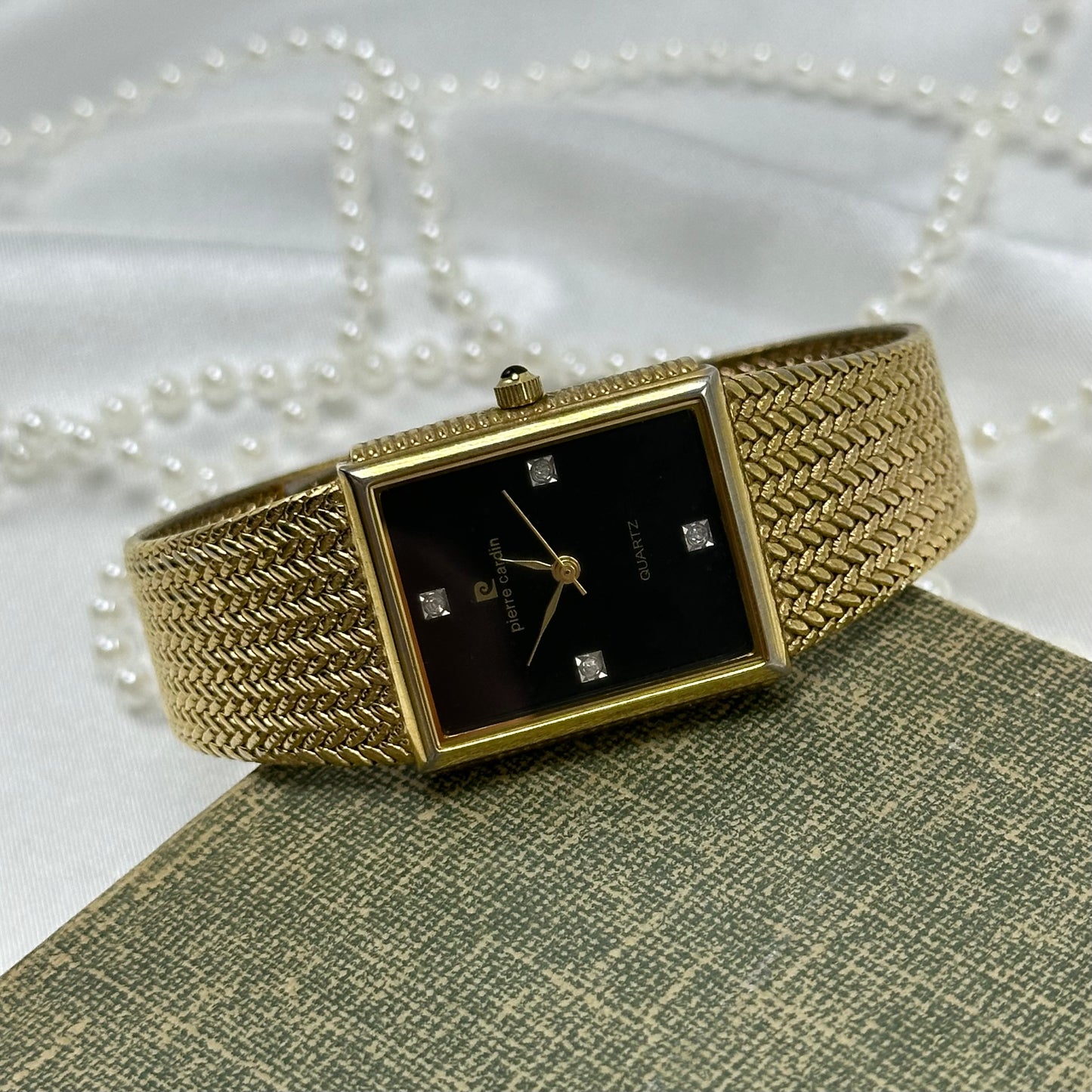 Vintage Pierre Cardin Gold Tank Watch with Black Dial and Diamond Markers