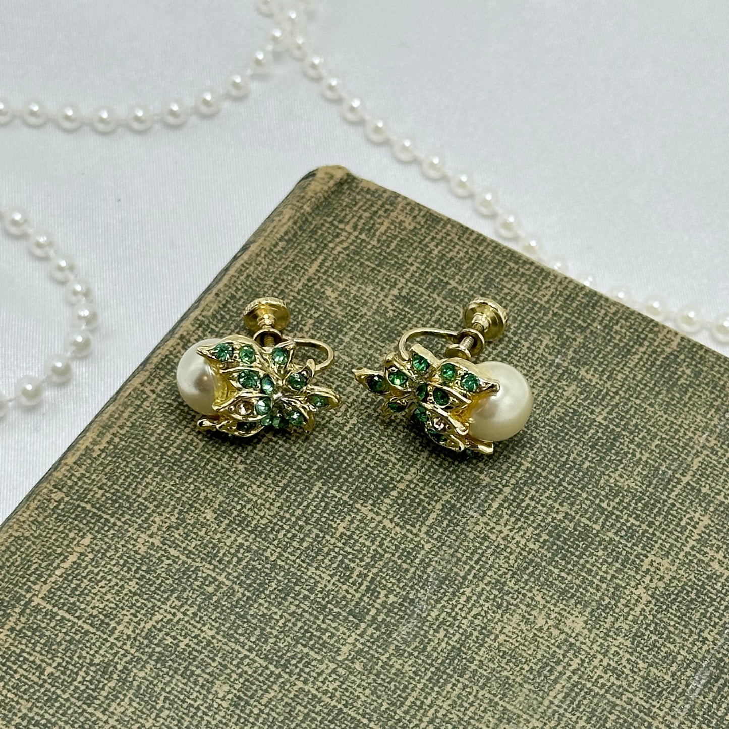 Vintage Green Rhinestone and Pearl Earrings - Screw Backs