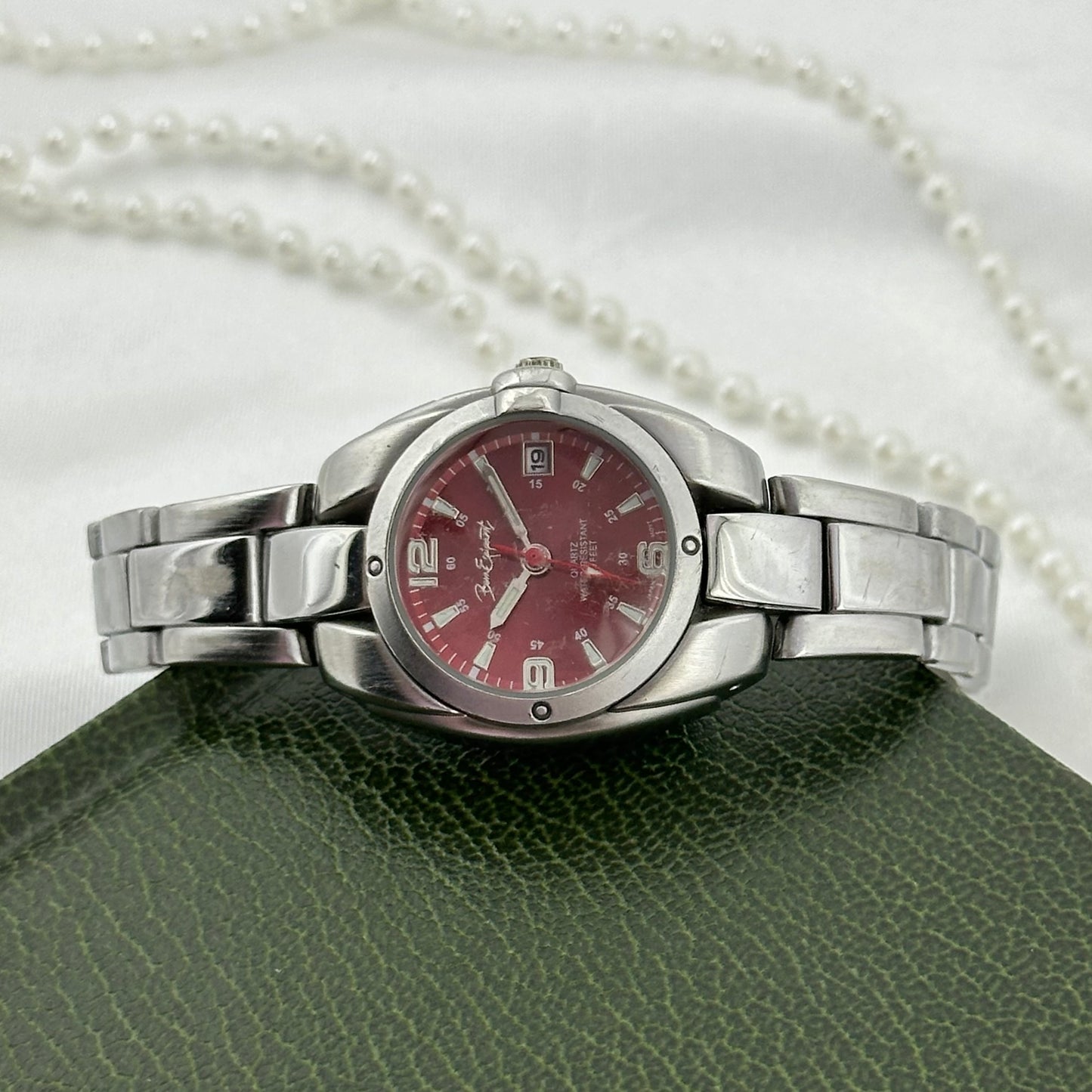 Silver Red Dial Watch with Date Display