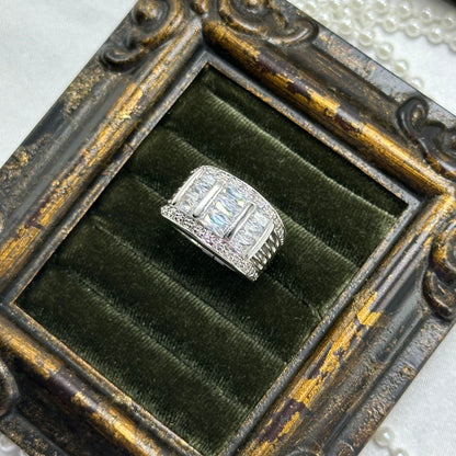 Three Row Clear Stone Vintage Deadstock Band Ring Rhodium Plated