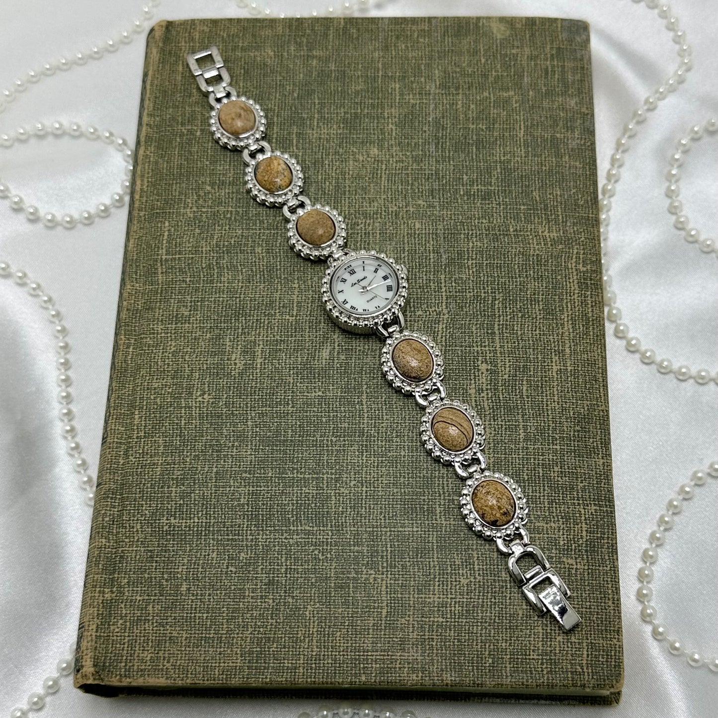 Vintage Silver Lee Sands Watch with Jasper Gemstone Band and Mother of Pearl Dial