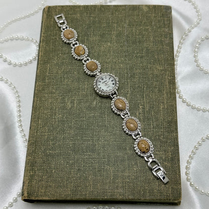 Vintage Silver Lee Sands Watch with Jasper Gemstone Band and Mother of Pearl Dial