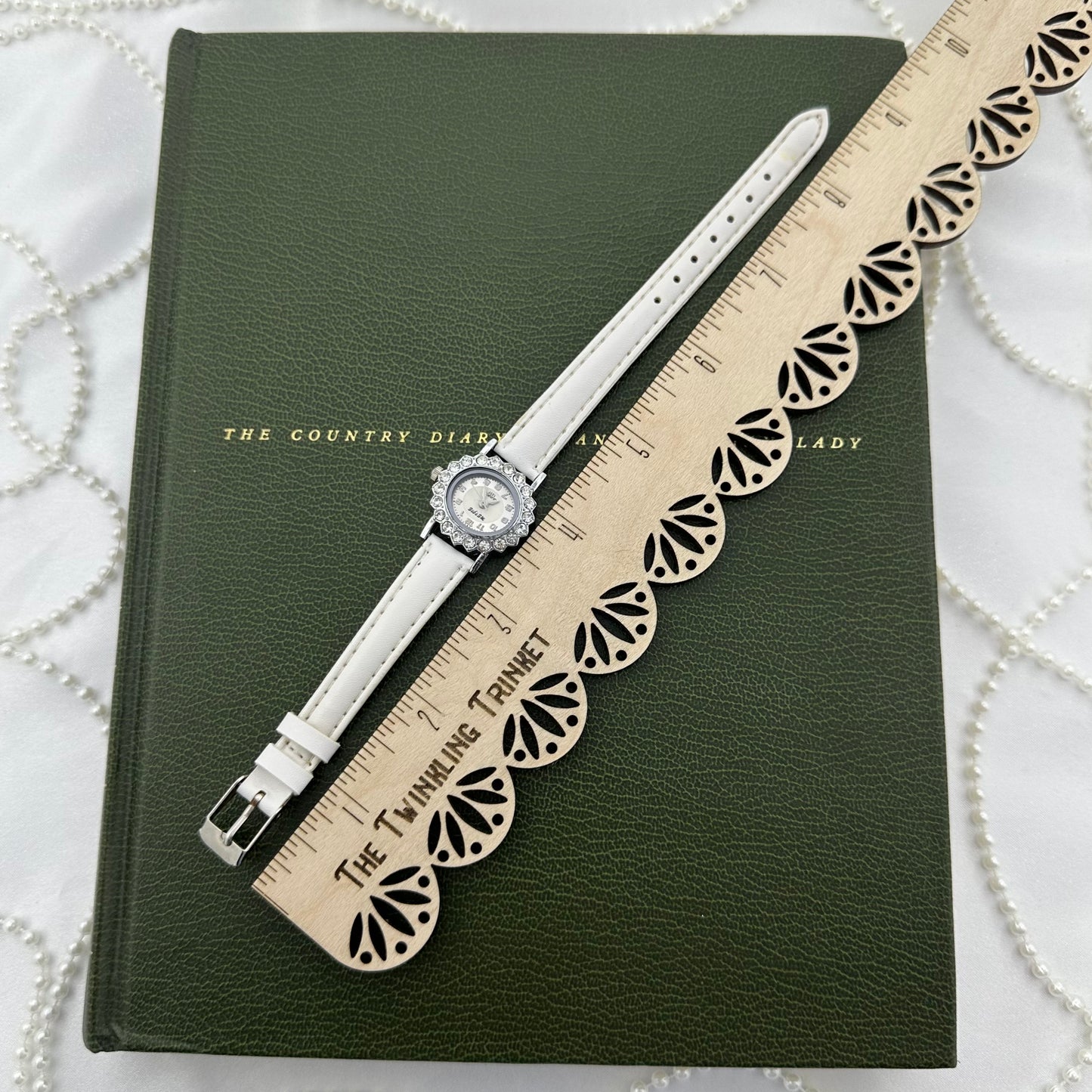 Silver Diamanté Watch with White Leather Band