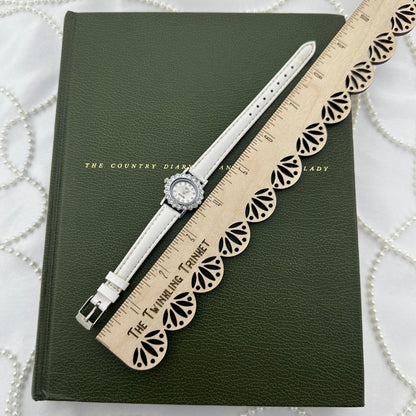 Silver Diamanté Watch with White Leather Band