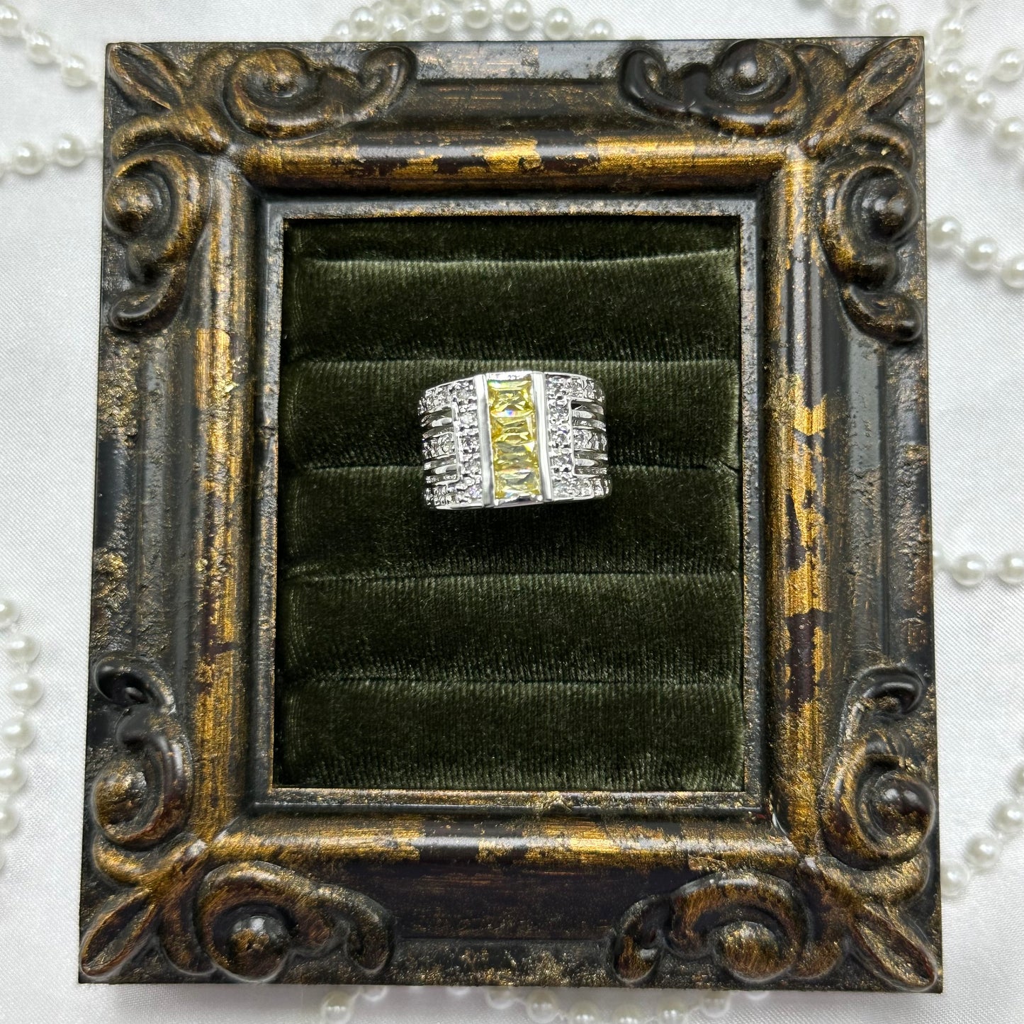 Three Row Yellow and Clear Stone Vintage Deadstock Band Ring Rhodium Plated